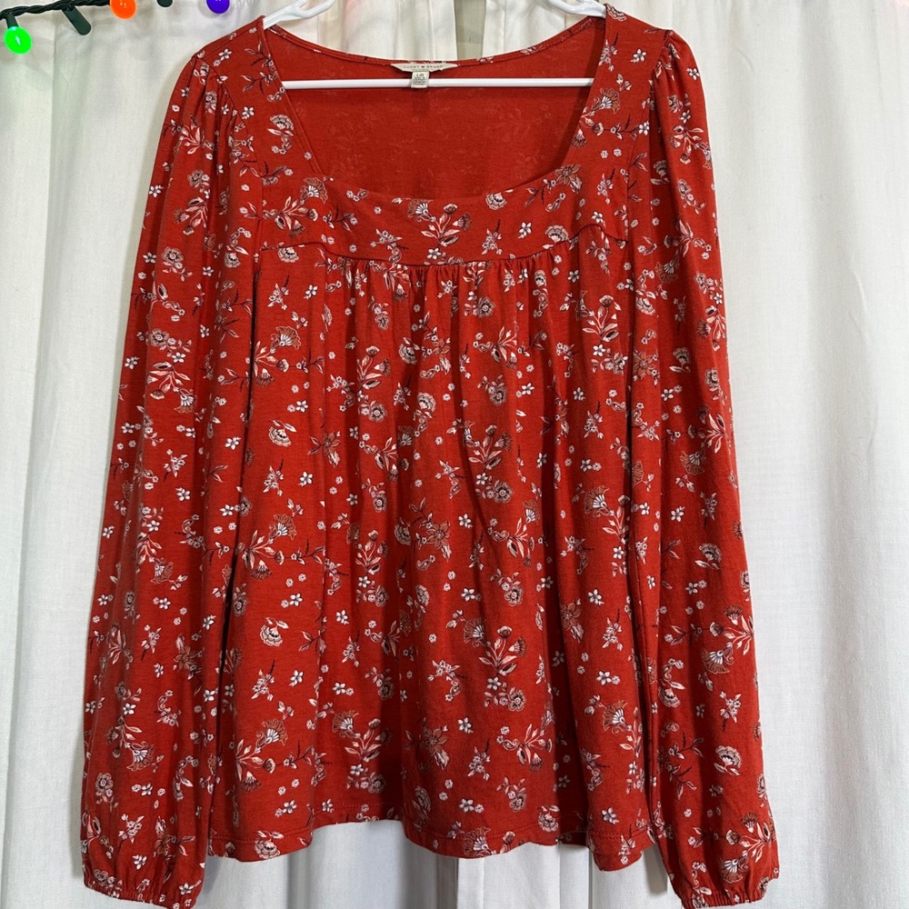 ❌SOLD❌Lucky Brand Boho‎ Red Floral Square Neck Long Sleeve Peasant Top Women's